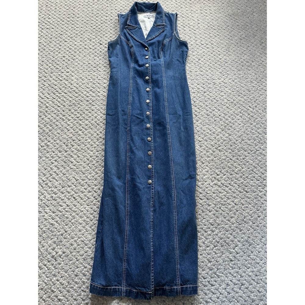 Vintage Paris Blues Denim Maxi Dress Sz 7 Floral Lace Design Back